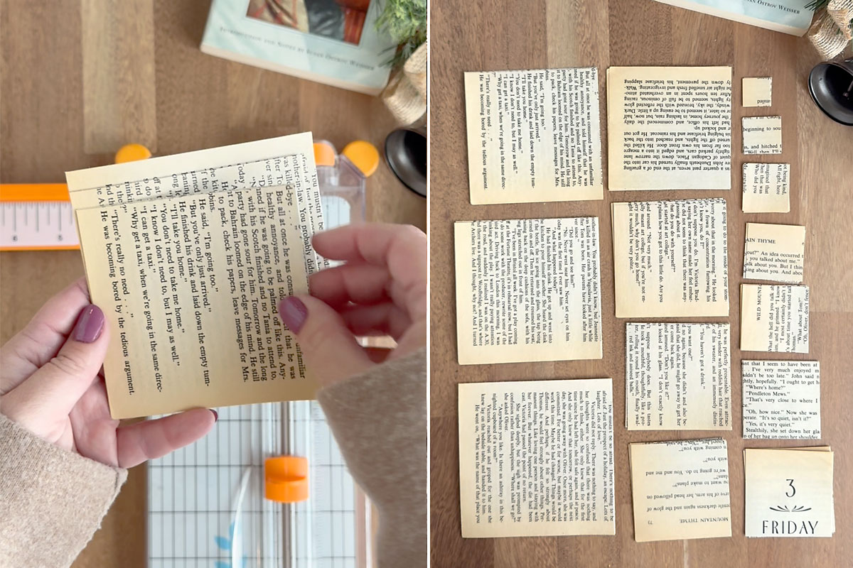 14 different size squares of book paper.