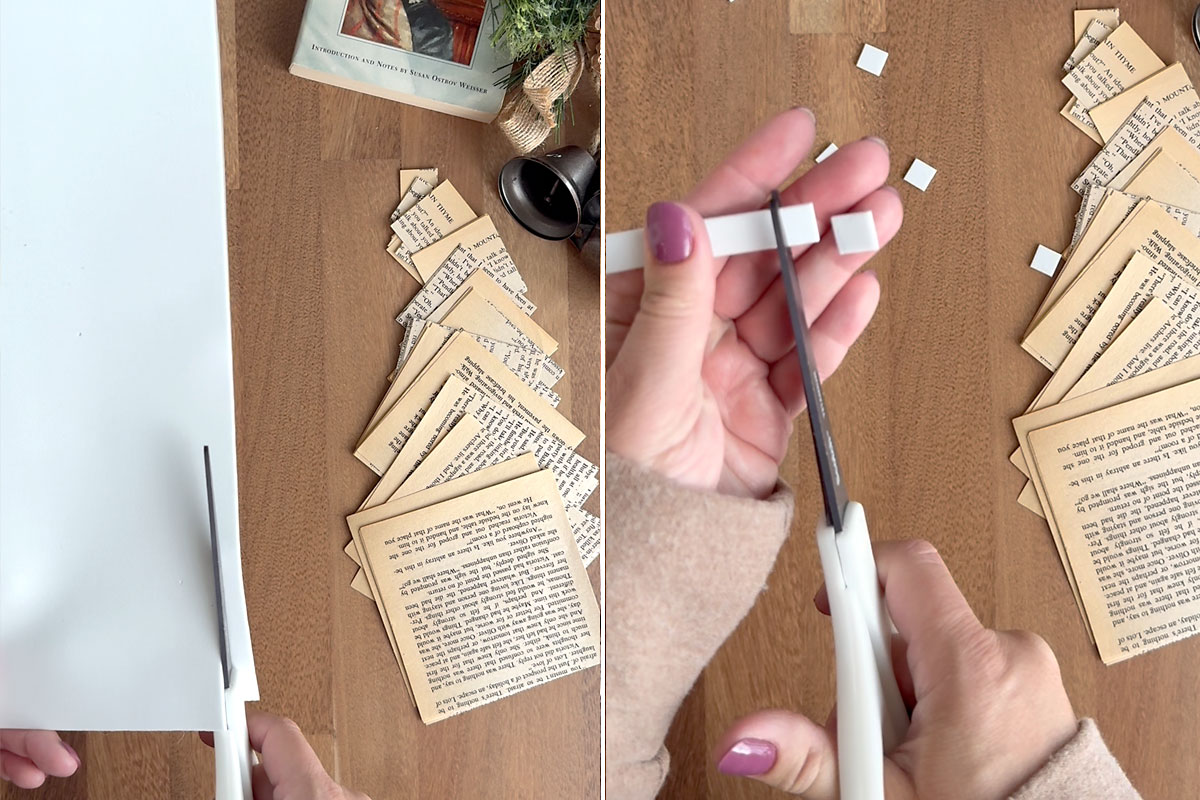 Cutting craft foam into small squares.