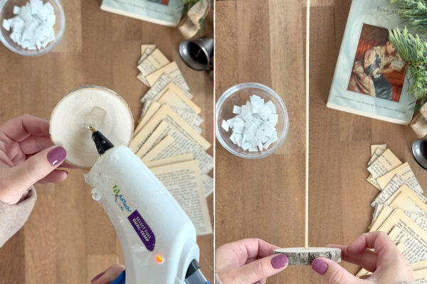Gluing bamboo skewer into hole in wood round.