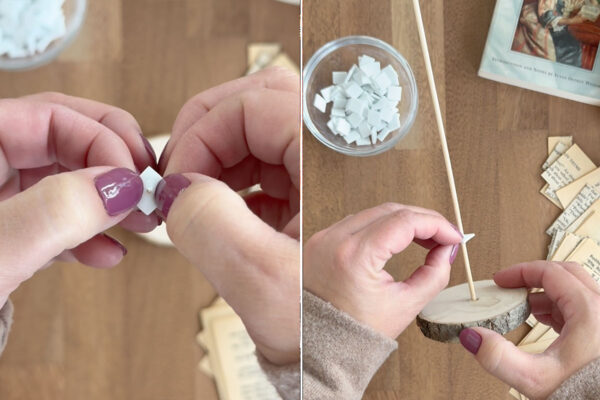 Sliding first foam square onto skewer.