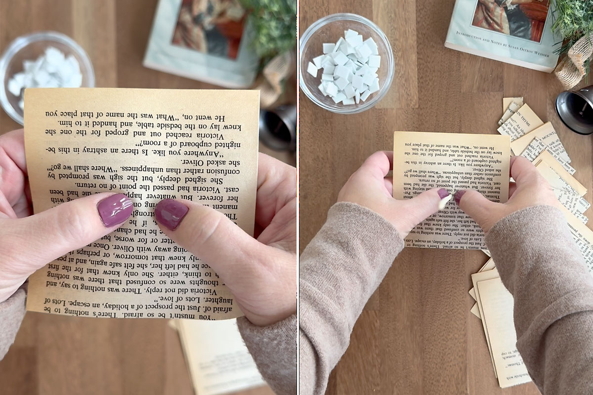 Sliding first book page down onto skewer.