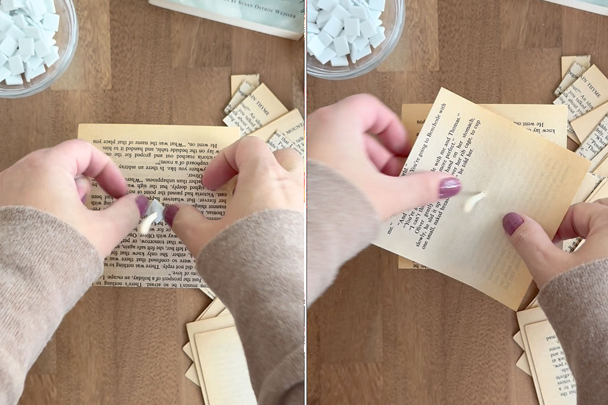 Sliding second book page onto skewer, rotated slightly.