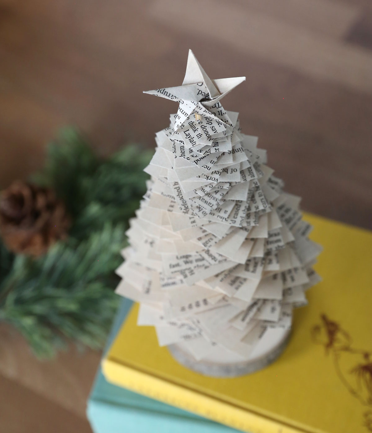 Small Christmas tree made from book pages.