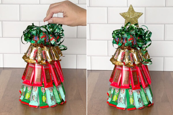 Attaching ribbon with a pin; star topper glued on top.