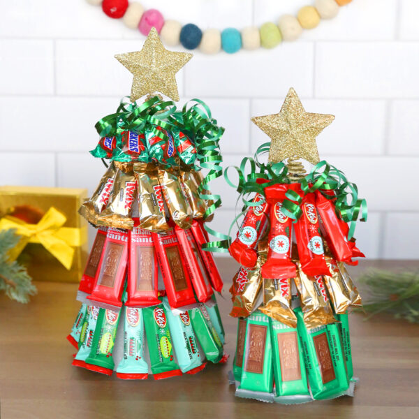 Christmas trees made from fun size candy bars.