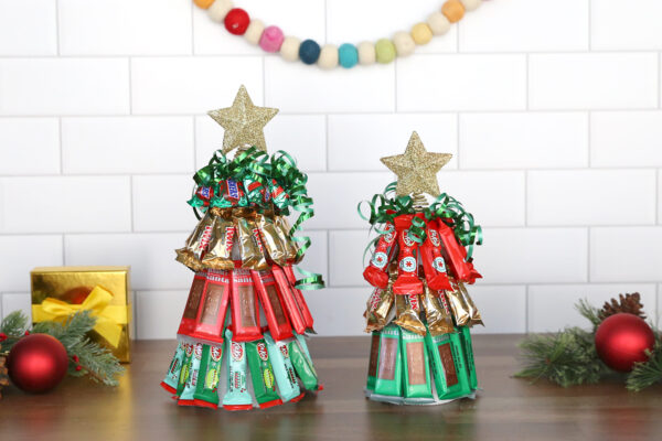 Christmas trees made from fun size candy bars.