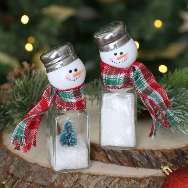 Snowman craft made from salt and pepper shakers.