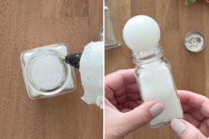 Filling salt shaker with epsom salt; ping pong ball glued on top.