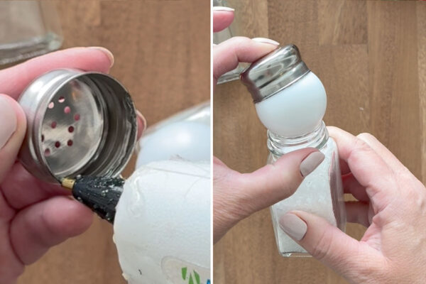 Top of salt shaker glued on top of ping pong ball for hat.