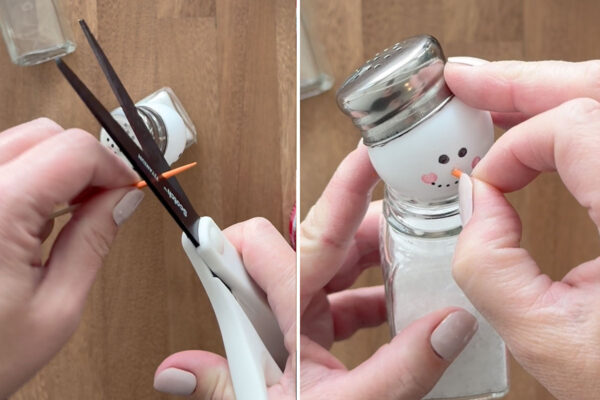 Trimming pointed edge off the toothpick and gluing it on for nose.