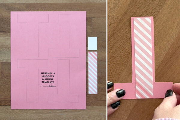 Mailbox template cut out; strip of paper adhered.