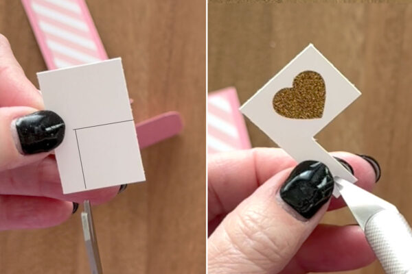 Cutting a small flag from cardstock; using an exacto knife to make a small hole.