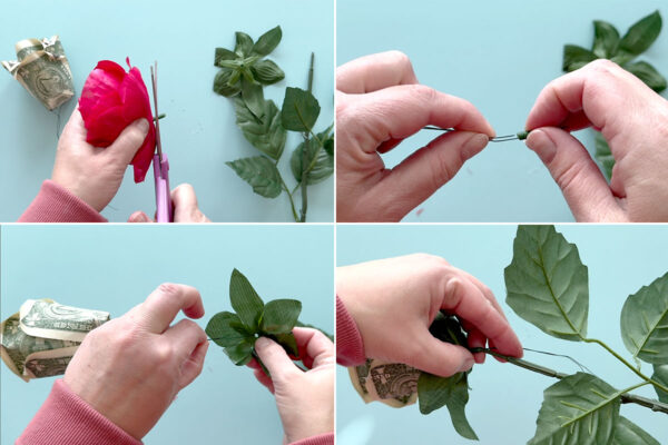Attaching money rose to stem of faux rose.