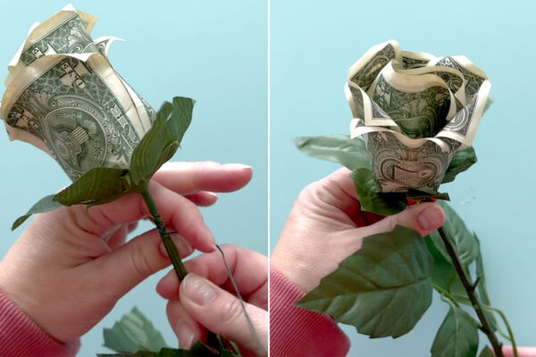 Twisting floral wire to secure rose to stem.