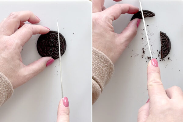 Cutting an Oreo to make wings.