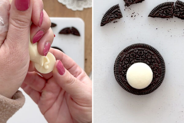 Using melted candy to attach a candy melt to the Oreo.