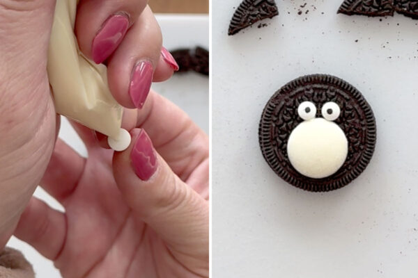 Using melted white candy to attach eyes.