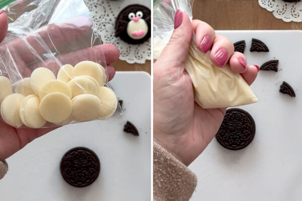 White candy melts in a ziplock bag; melted.
