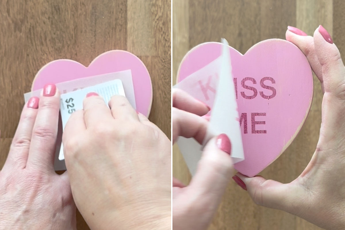 Using gift card to transfer ink to heart, removing freezer paper.