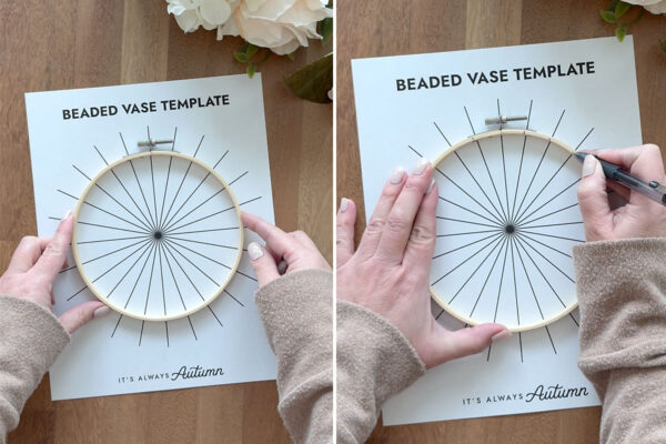 Using the template to mark the embroidery hoop.