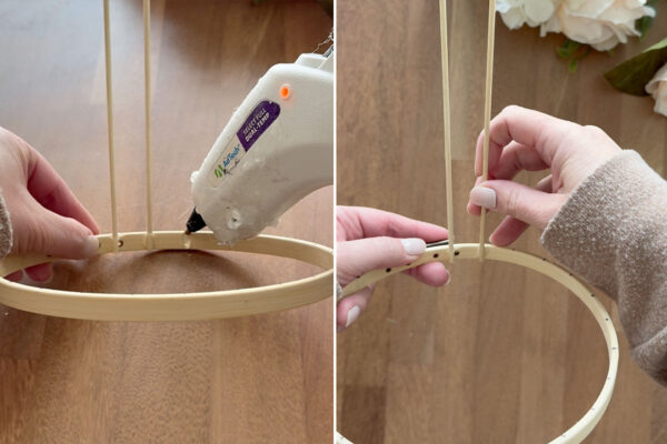 Gluing skewers to the hoop at each mark.