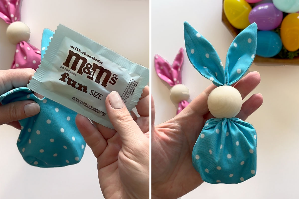 Filling bunny with fun size M&Ms; finished bunny.
