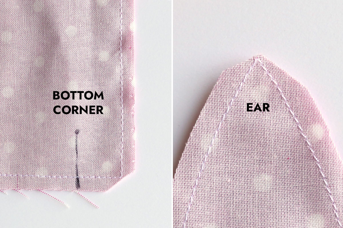 Clipping excess fabric across bottom corners and ears.