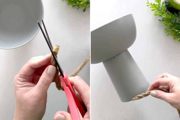 Cutting rope at an angle, gluing to bottom of cup.