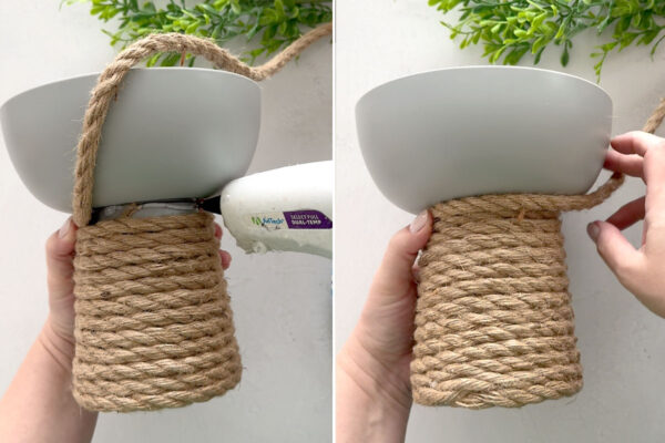 Gluing rope to completely cover cup.