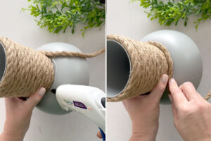 Gluing rope onto bowl.