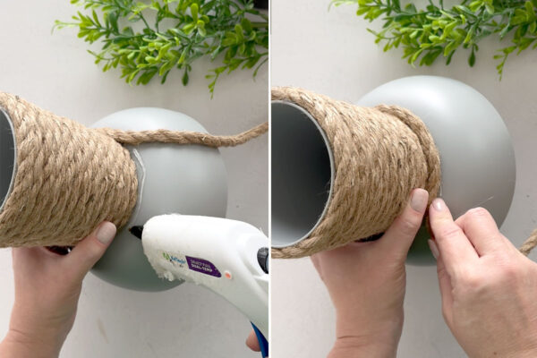 Gluing rope onto bowl.