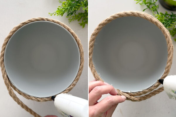 Gluing rope along the top edge of the bowl.