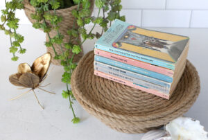 Rope tray with books on it.