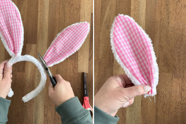 Cutting bunny ears off the headband.