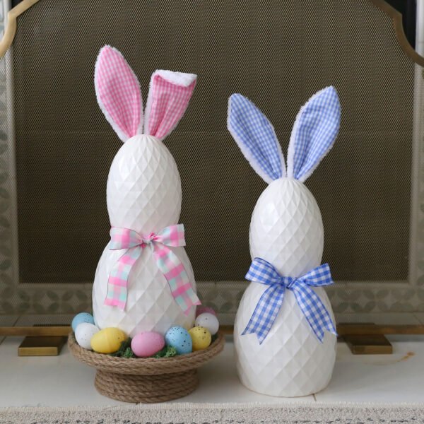 Two bunnies made from the Dollar Tree stacked eggs.
