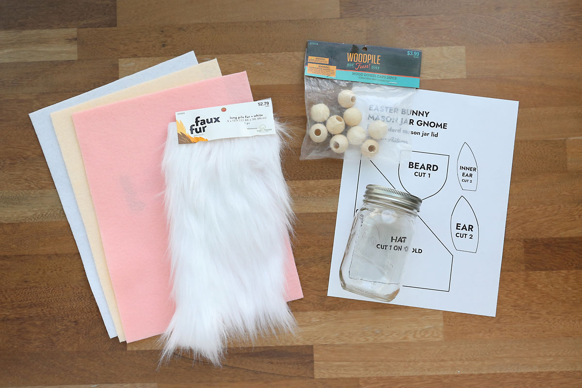Craft felt, faux fur, wood ball knobs, pint mason jar, pattern.