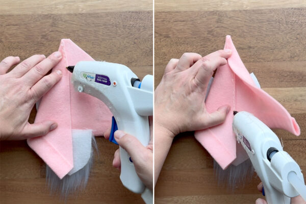 Hat flipped over; glueing back of hat together.