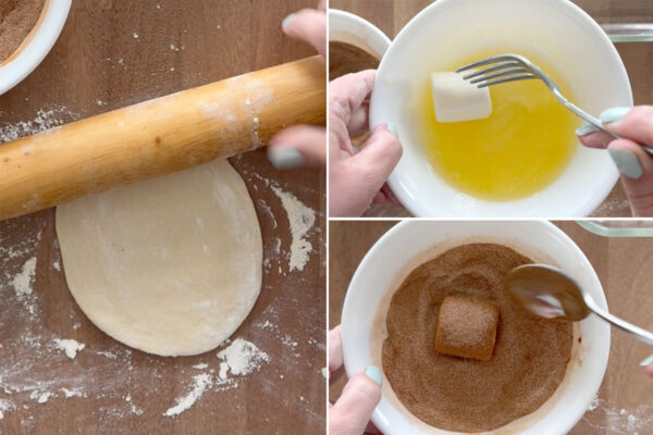 Rolling the dough ball into a circle, dipping marshmallow in butter and cinnamon sugar.