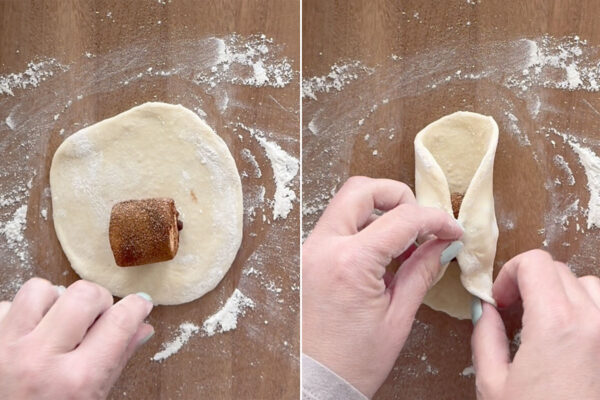 Wrapping the marshmallow in the dough circle.