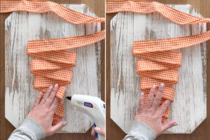 Gluing ribbon folds to board to create carrot shape.