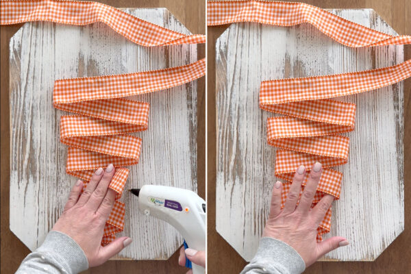 Gluing ribbon folds to board to create carrot shape.