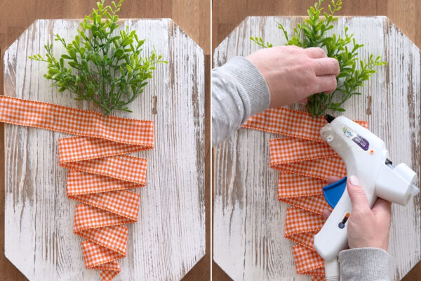 Gluing greenery at the top of the carrot.