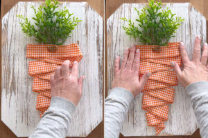 Gluing ribbon over bottom of greenery.