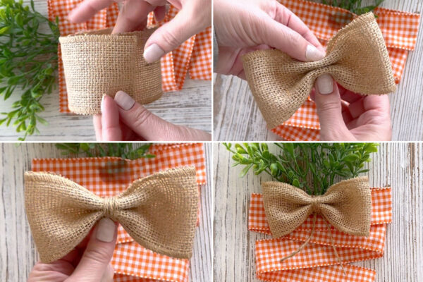 Creating a burlap bow and adding to carrot.