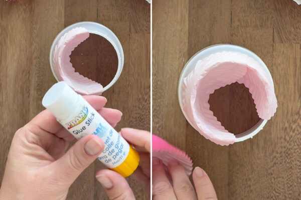 Using gluestick to adhere another cupcake liner.