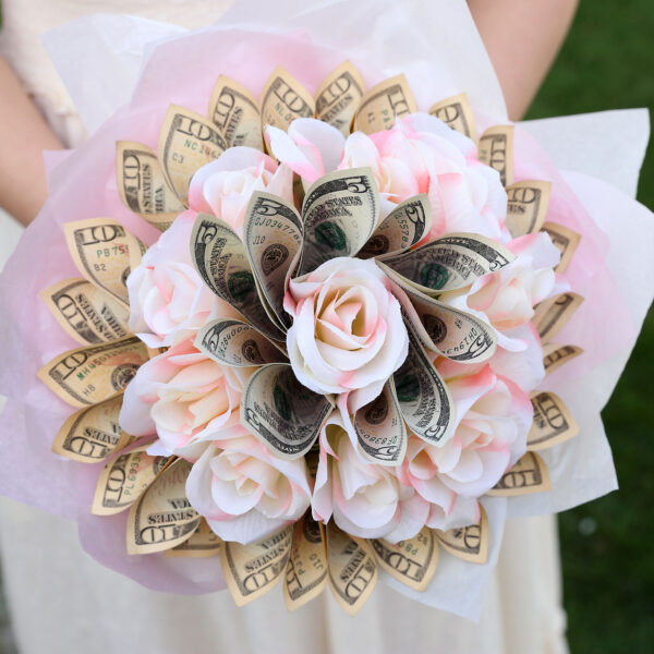 Money and floral bouquet.