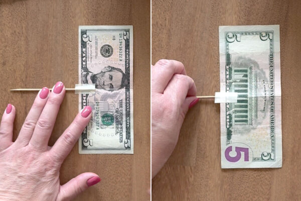 Taping the toothpick to the bill.
