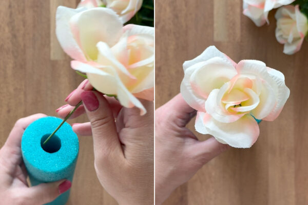 Placing one flower in the center of the pool noodle.
