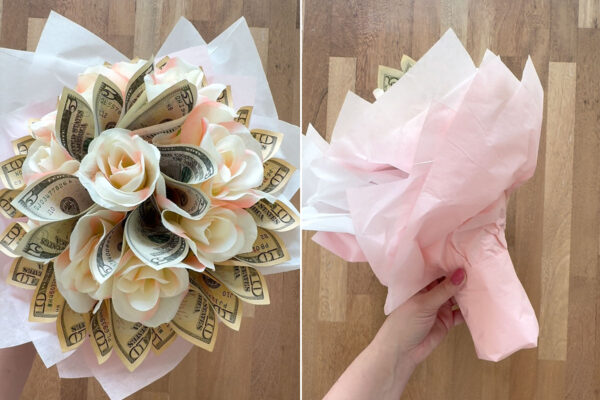 Wrapping the bouquet with tissue paper.