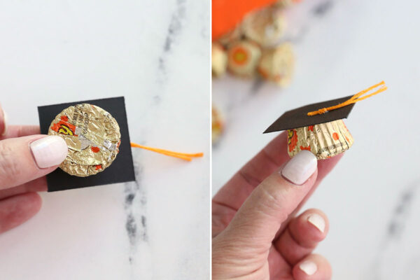 Glue the black square on top of a Reese's mini cup.